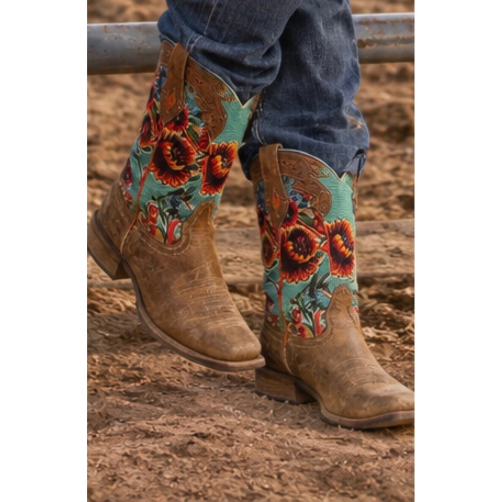 Ariat "Bite the Dust" Circuit Champion Western Boots Turquoise Floral sz 7.5B
